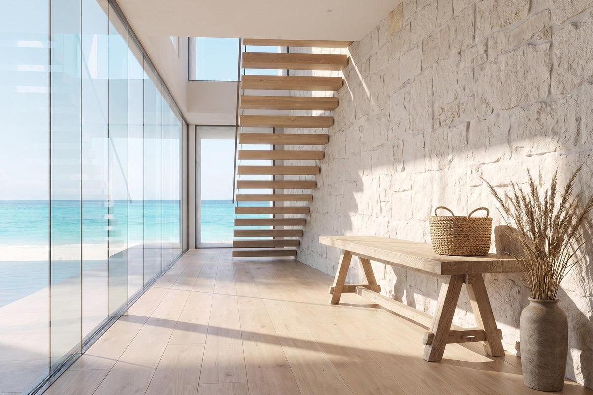 Magisano 72-Inch Reclaimed Elm Trestle Dining Bench in an oceanfront glass house