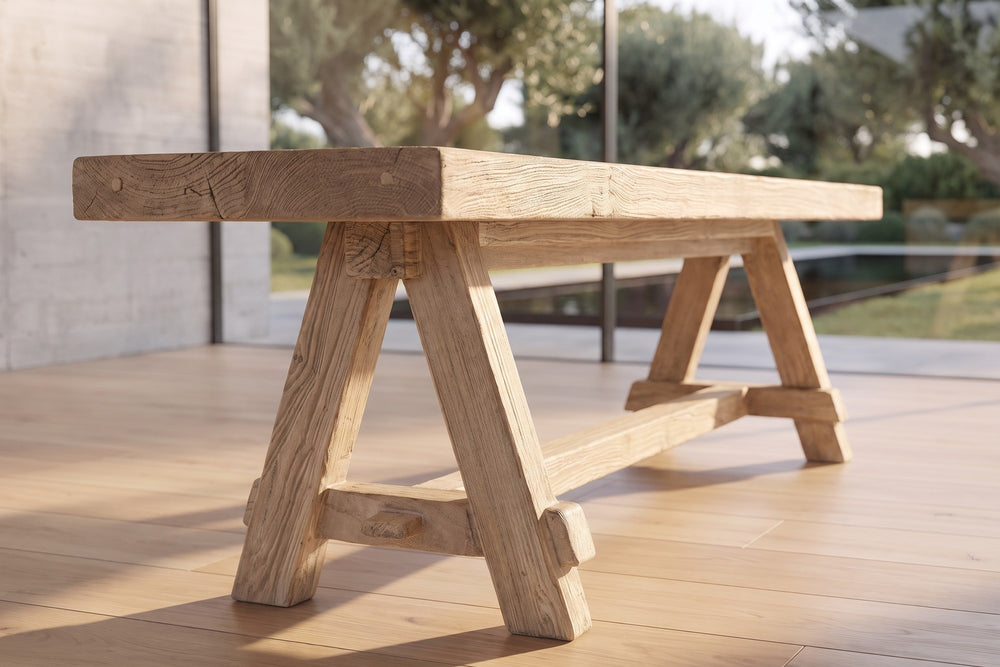 Close-up of the Magisano 72-Inch Reclaimed Elm Trestle Dining Bench: joint