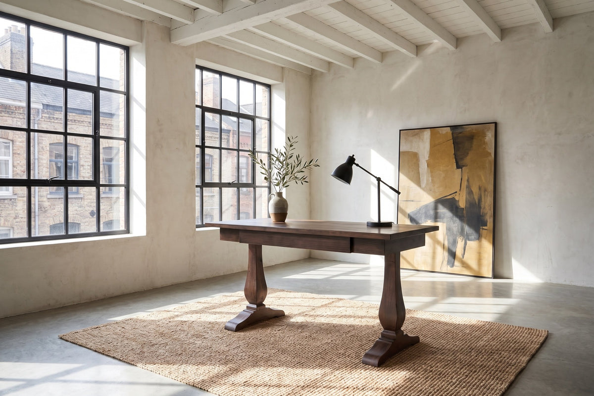 Maida 55-Inch Reclaimed Pine Trestle Writing Desk in a city loft