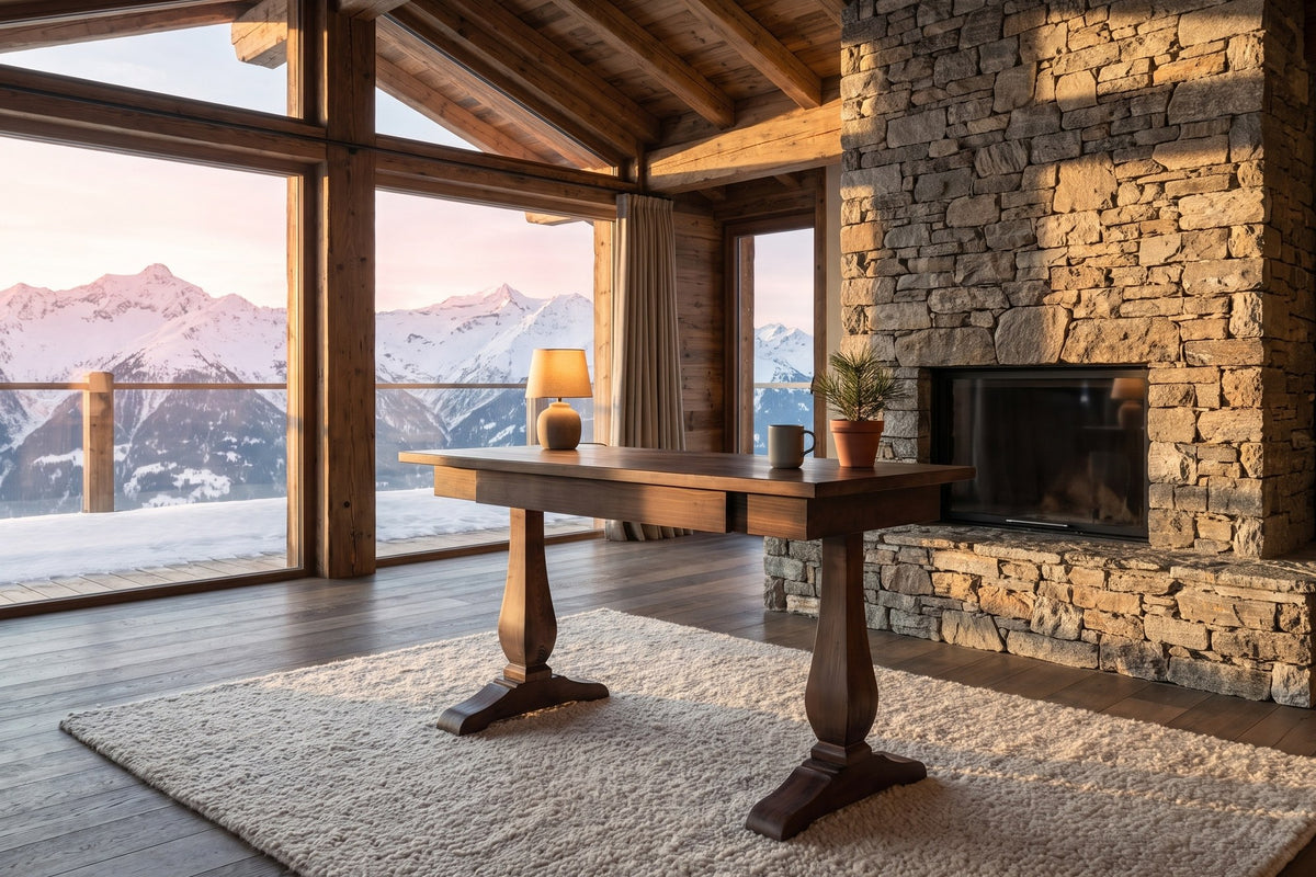 Maida 55-Inch Reclaimed Pine Trestle Writing Desk in an alpine chalet