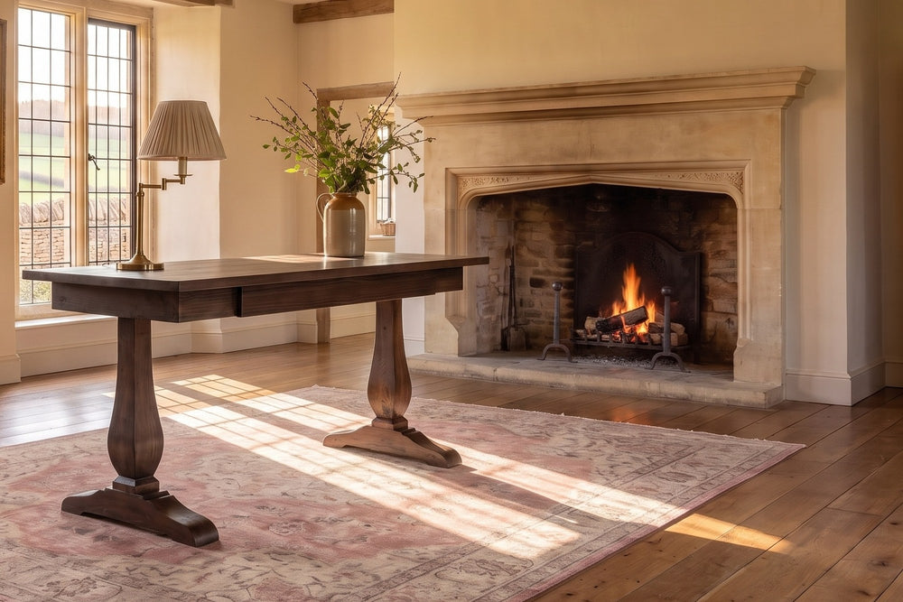 Maida 55-Inch Reclaimed Pine Trestle Writing Desk in an English country study