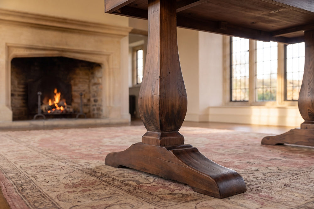 Close-up of the Maida 55-Inch Reclaimed Pine Trestle Writing Desk: base