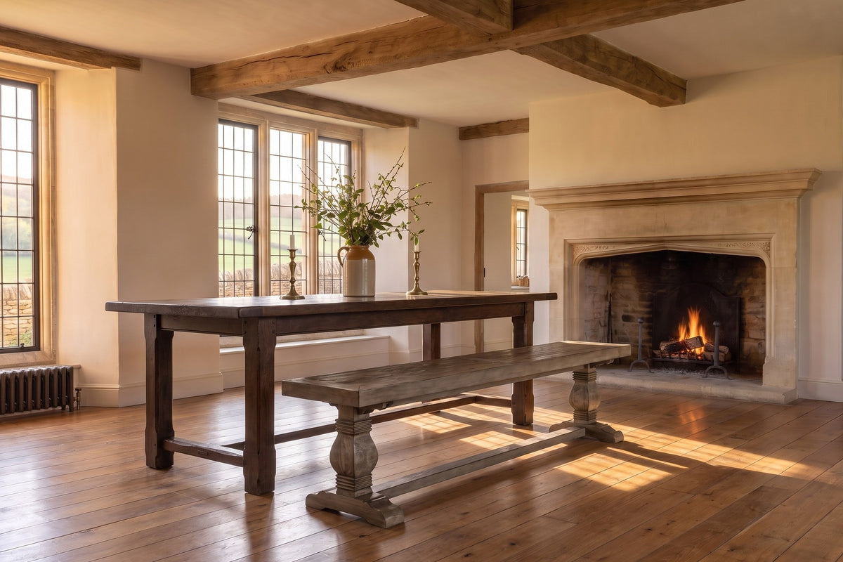 Maierato 66-Inch Reclaimed Pine Pedestal Dining Bench, Seats 3 in an English country dining room