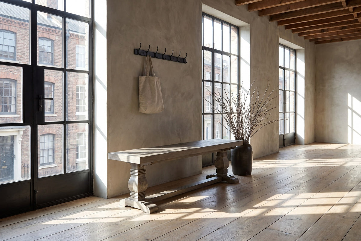 Maierato 66-Inch Reclaimed Pine Pedestal Dining Bench, Seats 3 in a city loft