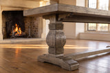 Close-up of the Maierato 66-Inch Reclaimed Pine Pedestal Dining Bench, Seats 3: pedestal