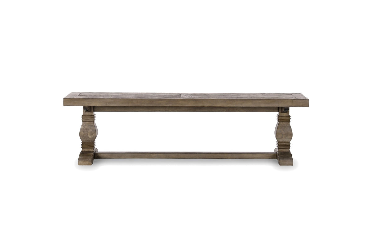 Maierato 66-Inch Reclaimed Pine Pedestal Dining Bench, Seats 3, front view