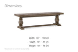 Maierato 66-Inch Reclaimed Pine Pedestal Dining Bench, Seats 3 dimensions