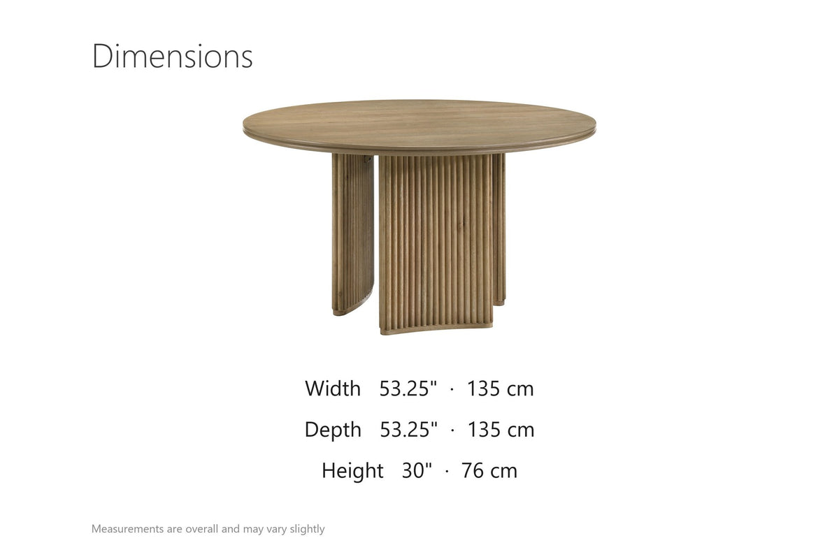 Malvito 53-Inch Round Ash Veneer Reeded Pedestal Dining Table dimensions