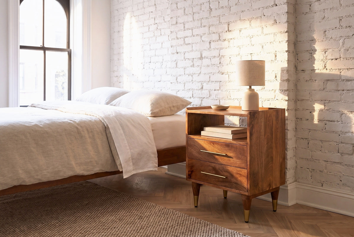 Mamoiada golden-brown mango nightstand against a whitewashed brick wall in a Brooklyn bedroom with a herringbone floor and a tall window
