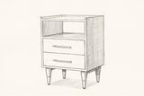 Pencil sketch of the Mamoiada nightstand, drawn from the same three-quarter view
