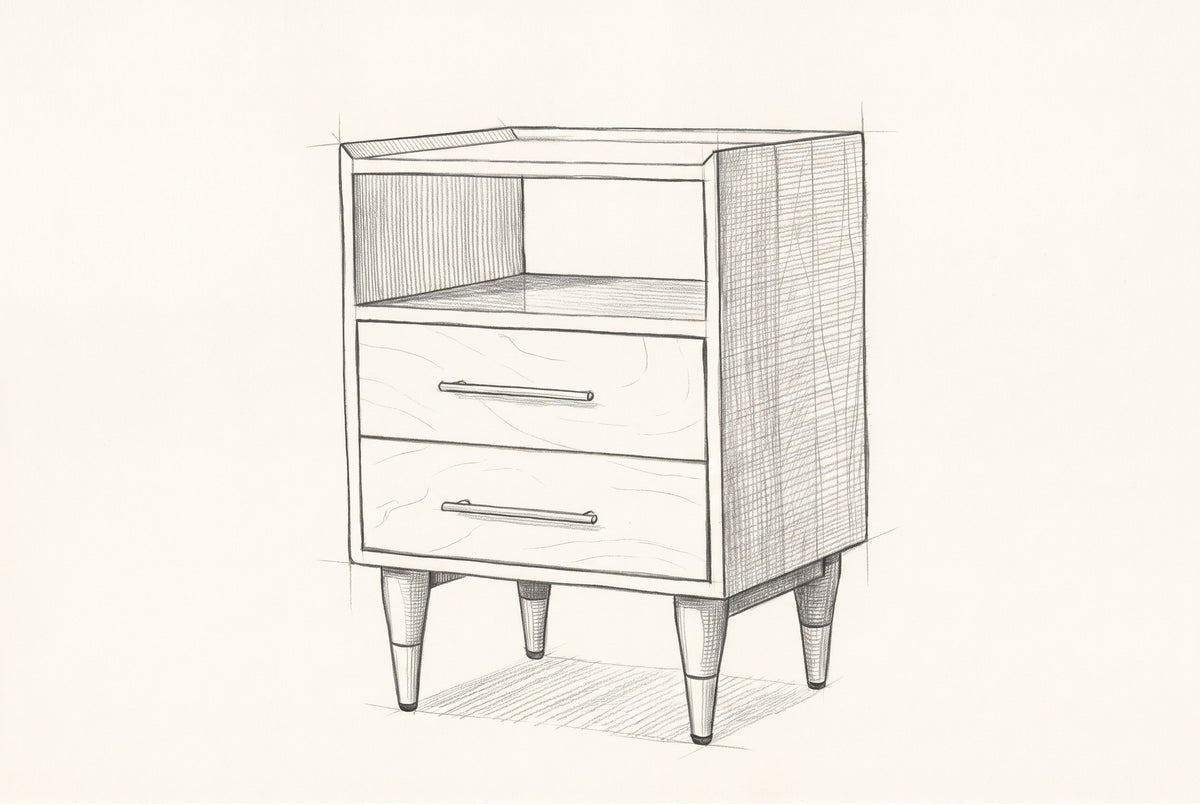 Pencil sketch of the Mamoiada nightstand, drawn from the same three-quarter view