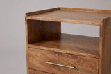 The upper part of the Mamoiada nightstand: the top with its low raised rim, the open cubby with its wooden back and floor, and the top drawer with its long slim brass bar pull