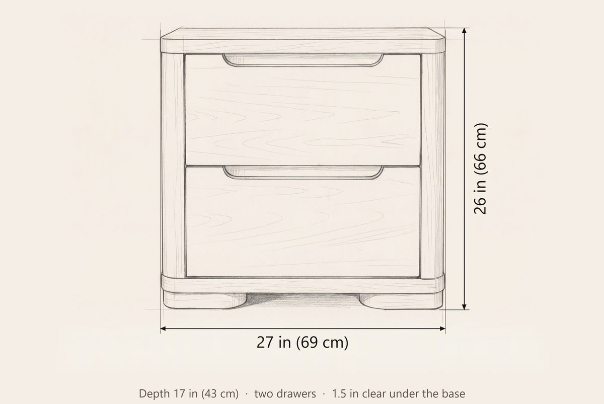 Mandas nightstand dimensions: 27 in wide, 26 in high, 17 in deep