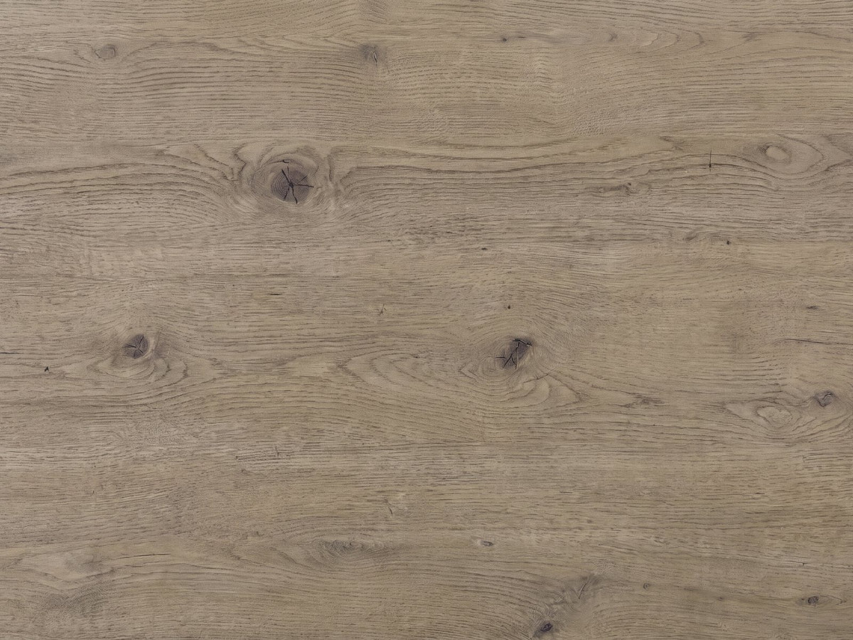 Close-up of the Maniago 42-Inch Weathered Natural Oak 5-Drawer Chest: the weathered knotty oak grain of a drawer front