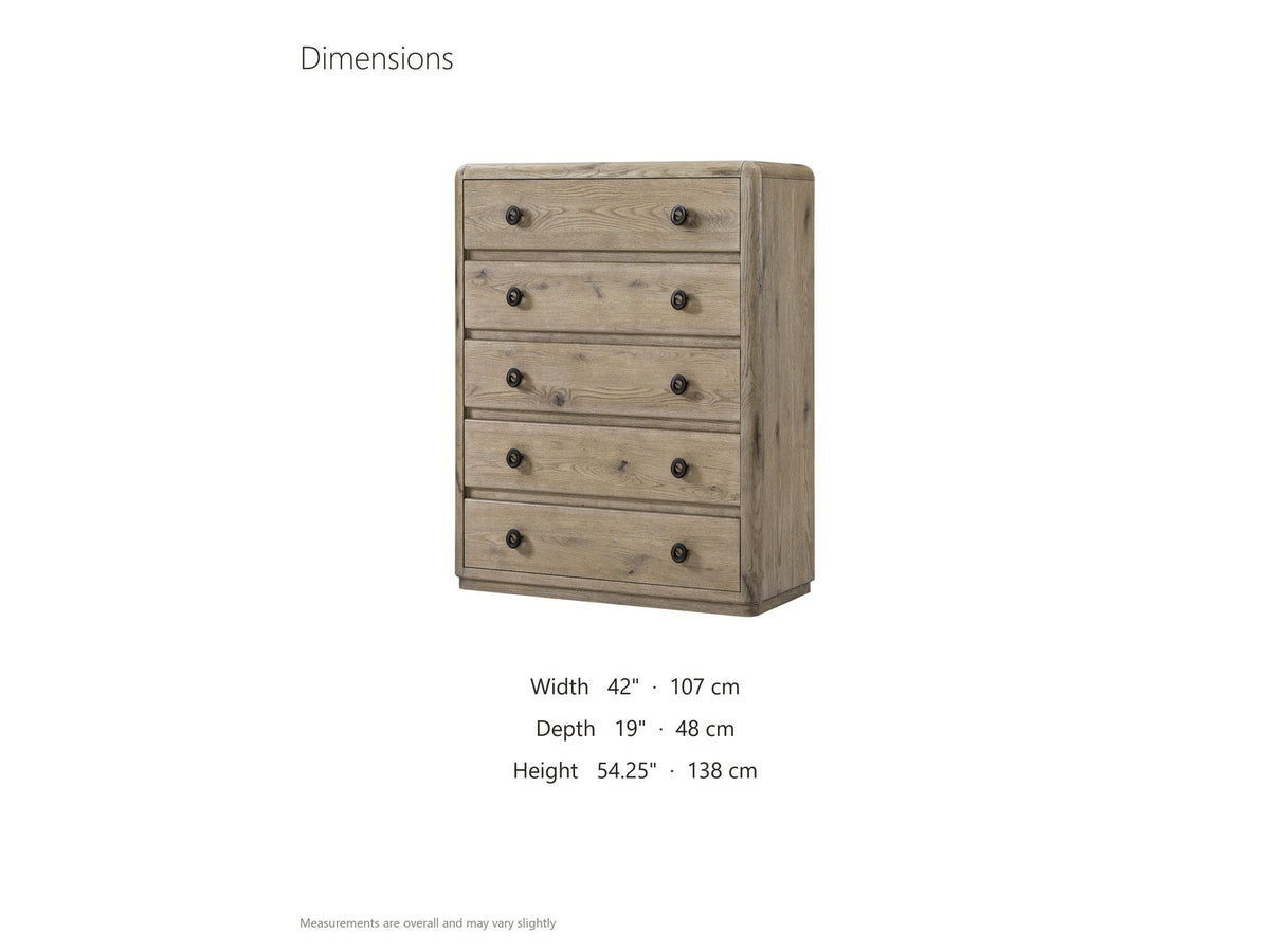Maniago 42-Inch Weathered Natural Oak 5-Drawer Chest dimensions: 42.0 in wide, 19.0 in deep, 54.25 in high