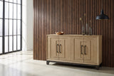 Maratea four-door oak sideboard against a dark walnut slat wall in a Chicago loft dining room, with a steel-framed window and a polished concrete floor