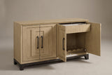 The Maratea sideboard with its right pair of doors open: a wide drawer above an open compartment with a rack for wine bottles, the left pair closed
