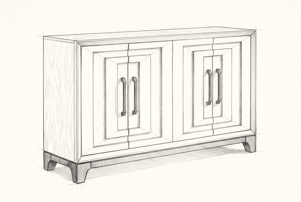 Pencil sketch of the Maratea sideboard, drawn from the same three-quarter view