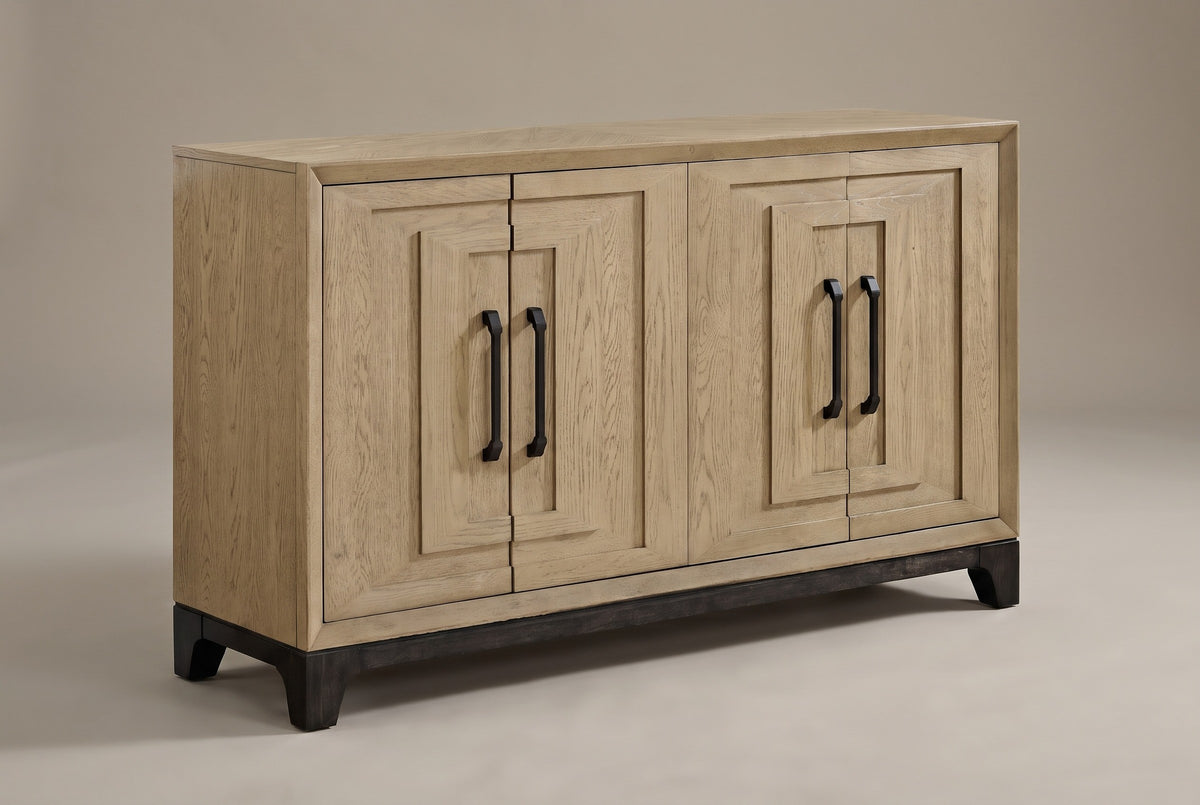 The Maratea four-door sideboard in light caramel oak veneer on a dark cocoa base, three-quarter view on a light studio backdrop