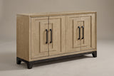 The Maratea four-door sideboard in light caramel oak veneer on a dark cocoa base, three-quarter view on a light studio backdrop