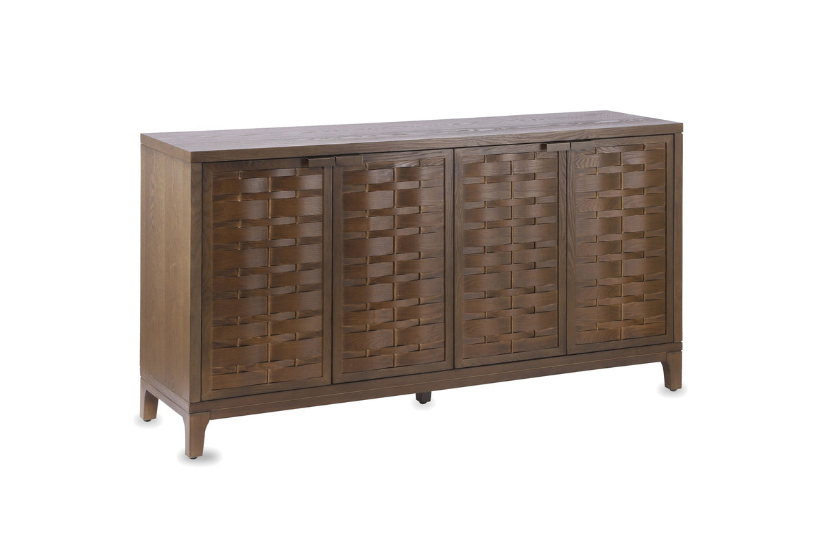 Marcellinara 59-Inch 4-Door Woven-Front Brown Sideboard on a white background