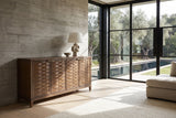 Marcellinara 59-Inch 4-Door Woven-Front Brown Sideboard in a sunlit villa dining room