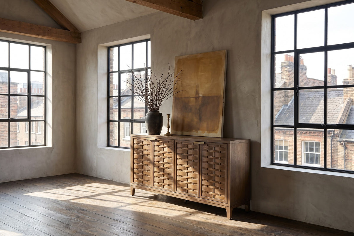 Marcellinara 59-Inch 4-Door Woven-Front Brown Sideboard in a city loft