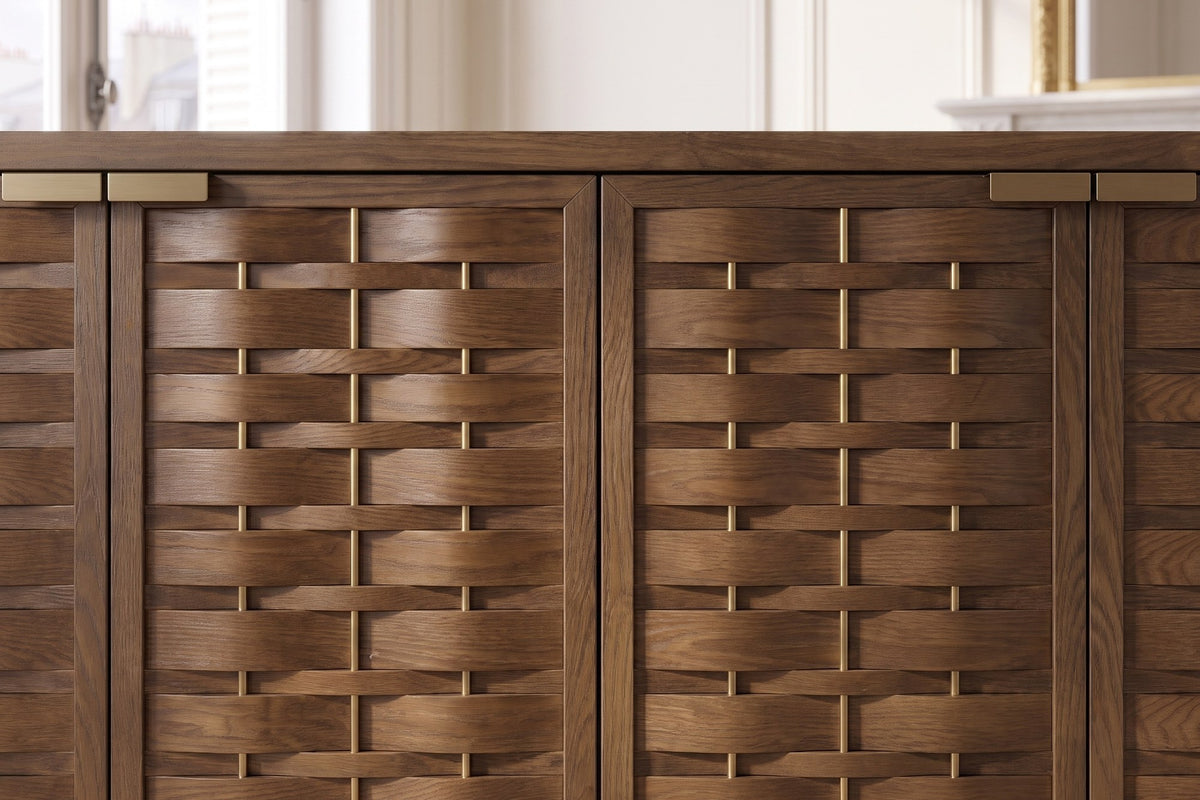 Close-up of the Marcellinara 59-Inch 4-Door Woven-Front Brown Sideboard: weave