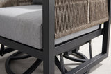 Close-up of the Marsala chair: the gray seat cushion, a square black aluminum post, the taupe rope arm and the glider links and swivel base below