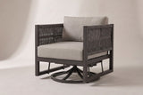 The Marsala swivel glider lounge chair in dark brown aluminum with charcoal-brown rope arms and taupe cushions, three-quarter view on a light studio backdrop