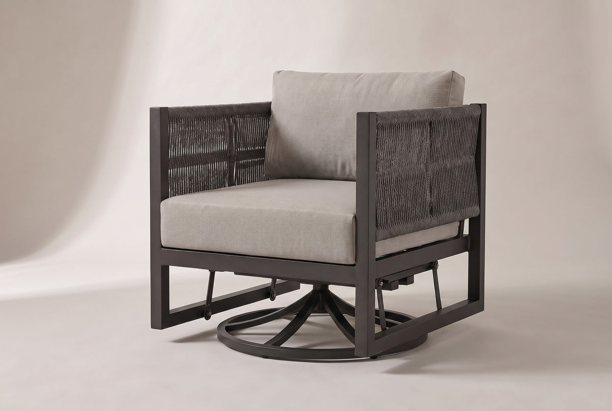 The Marsala swivel glider lounge chair in dark brown aluminum with charcoal-brown rope arms and taupe cushions, three-quarter view on a light studio backdrop