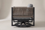 The Marsala swivel glider lounge chair from the side: the rope arm panel, the black side frame, two glider links and the round swivel base