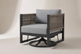 The Marsala swivel glider lounge chair in black aluminum with taupe rope arms and gray cushions, three-quarter view on a light studio backdrop