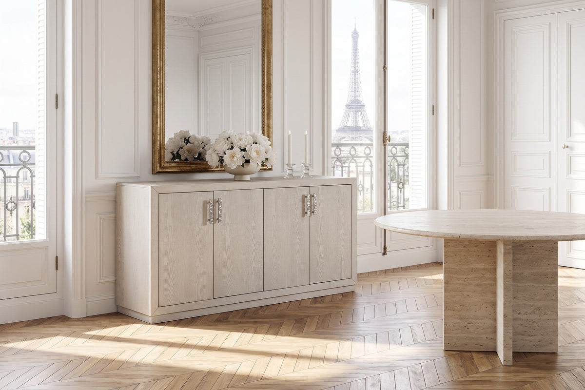 Martirano 60-Inch 4-Door Antique White Oak Veneer Sideboard in a Paris salon