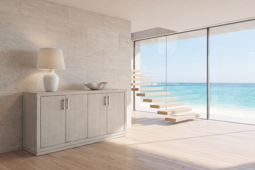 Martirano 60-Inch 4-Door Antique White Oak Veneer Sideboard in an oceanfront glass house