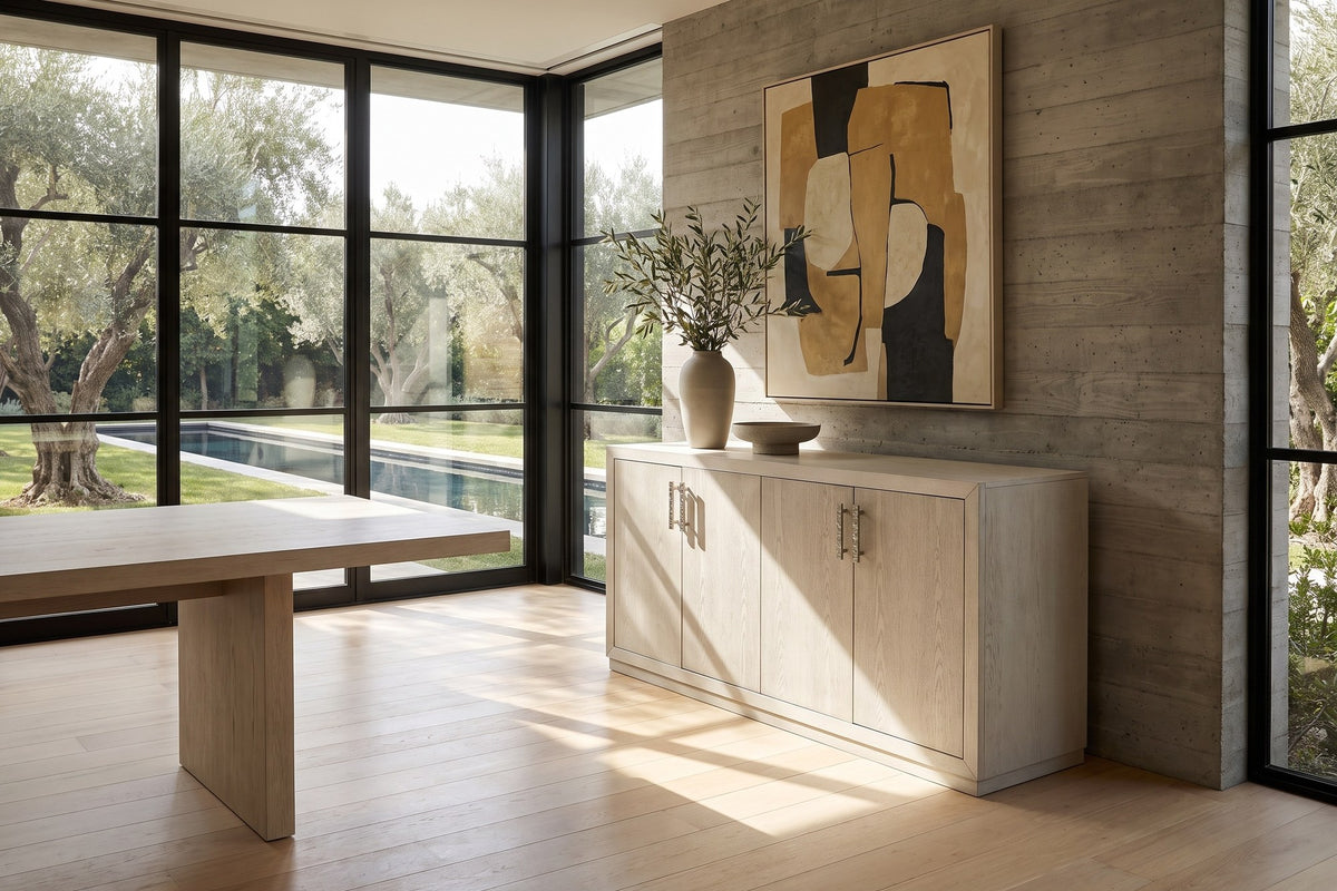 Martirano 60-Inch 4-Door Antique White Oak Veneer Sideboard in a sunlit villa dining room