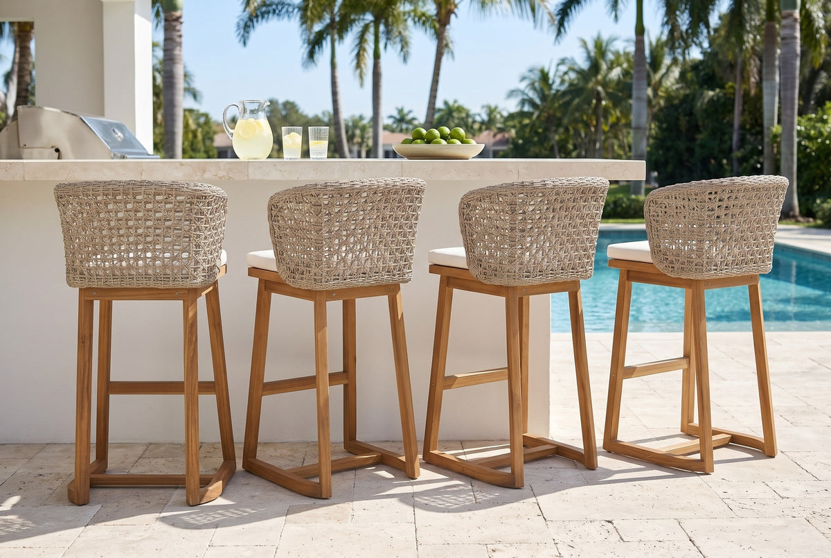Four Mascali acacia bar stools at a white stucco pool bar with a travertine top in Naples, a pool and royal palms beyond (bar counter not included)