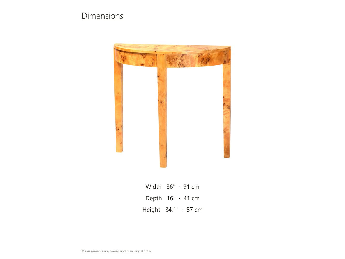 Massafra Burl Half-Moon Console Table dimensions: 36.0 in wide, 16.0 in deep, 34.1 in high