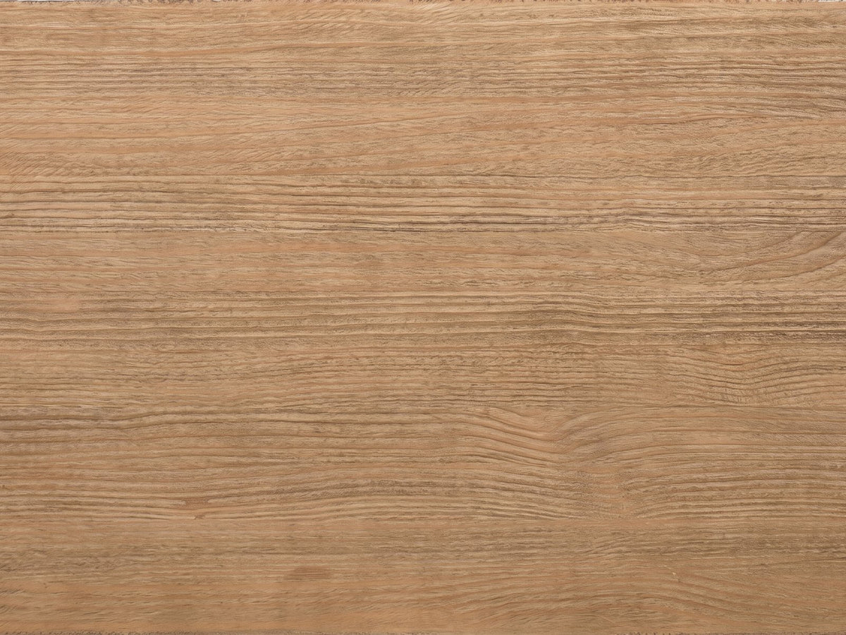 Close-up of the Matelica Reclaimed Pine Trestle Coffee Table: the antique brown grain of the reclaimed pine top