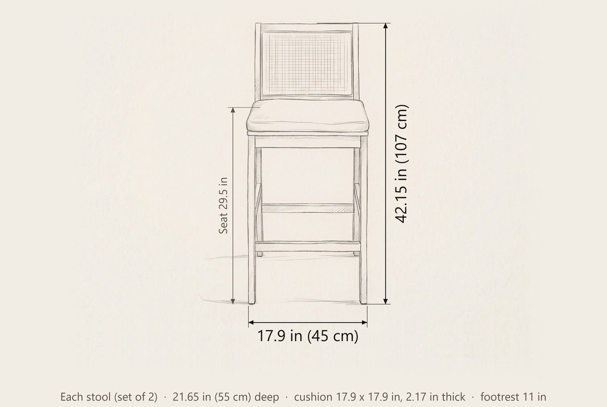 Mazzarino bar stool dimensions: each stool 17.9 in wide, 42.15 in high, seat 29.5 in, 21.65 in deep