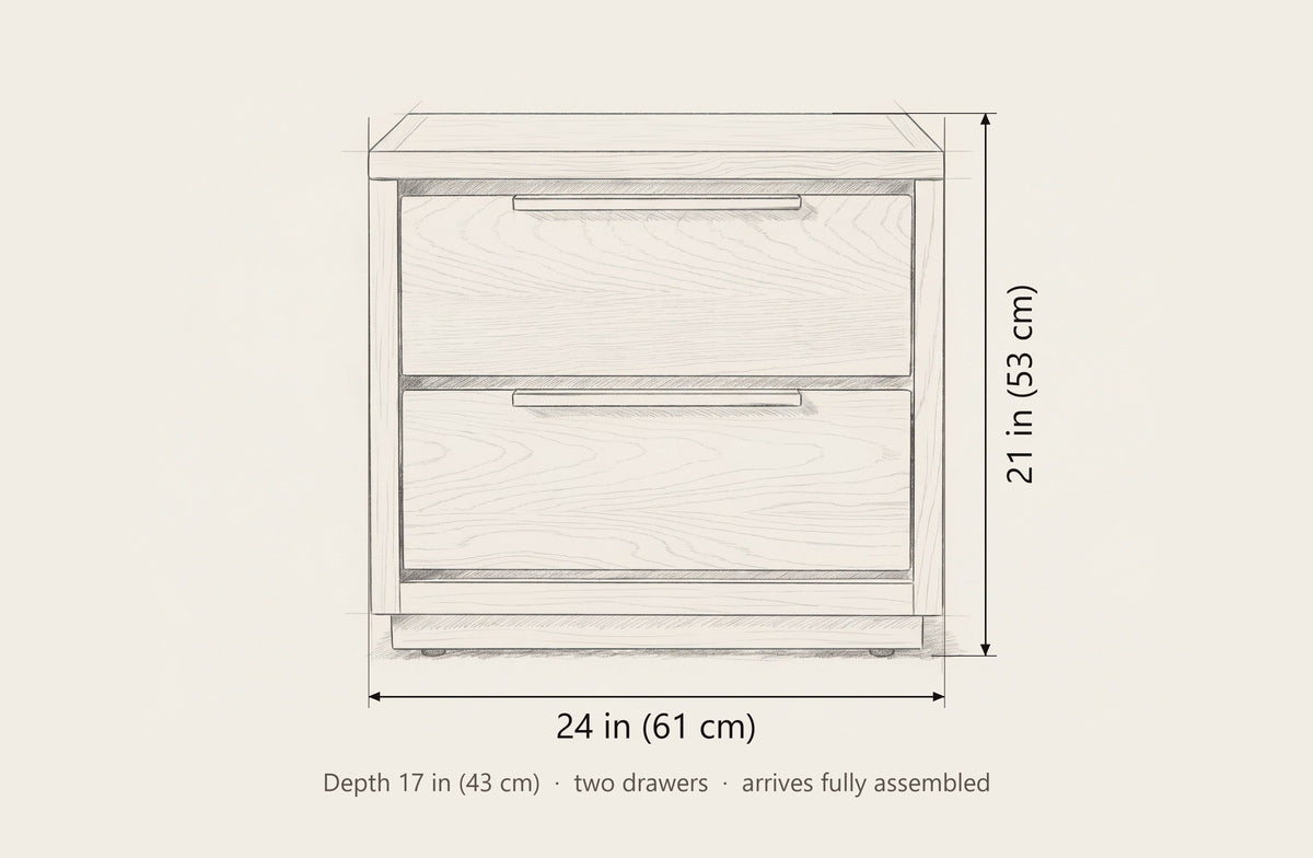 Melfi nightstand dimensions: 24 in wide, 21 in high, 17 in deep