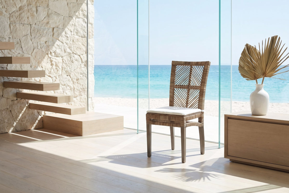 Mendicino Tall-Back Rattan and Mahogany Dining Chair in an oceanfront glass house