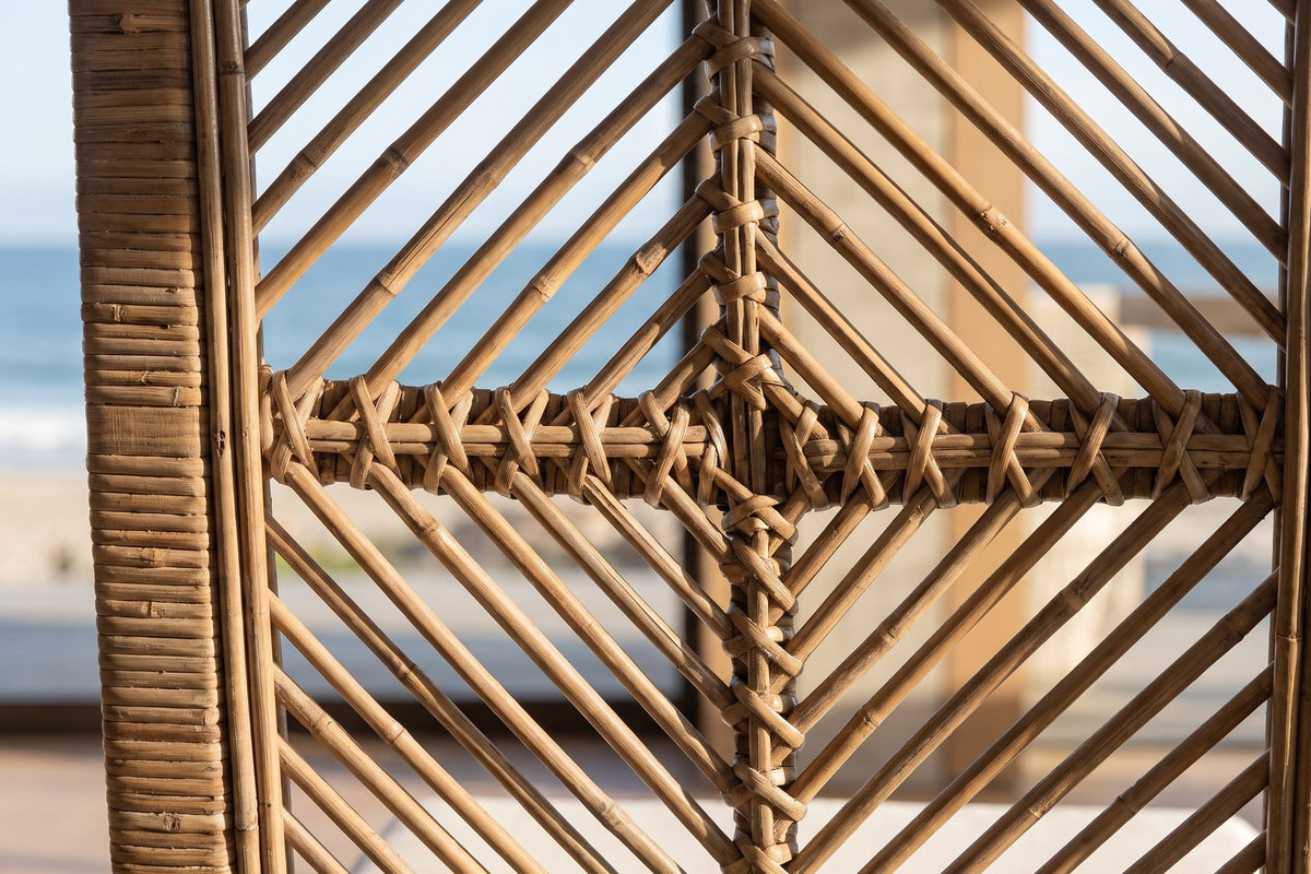 Close-up of the Mendicino Tall-Back Rattan and Mahogany Dining Chair: back