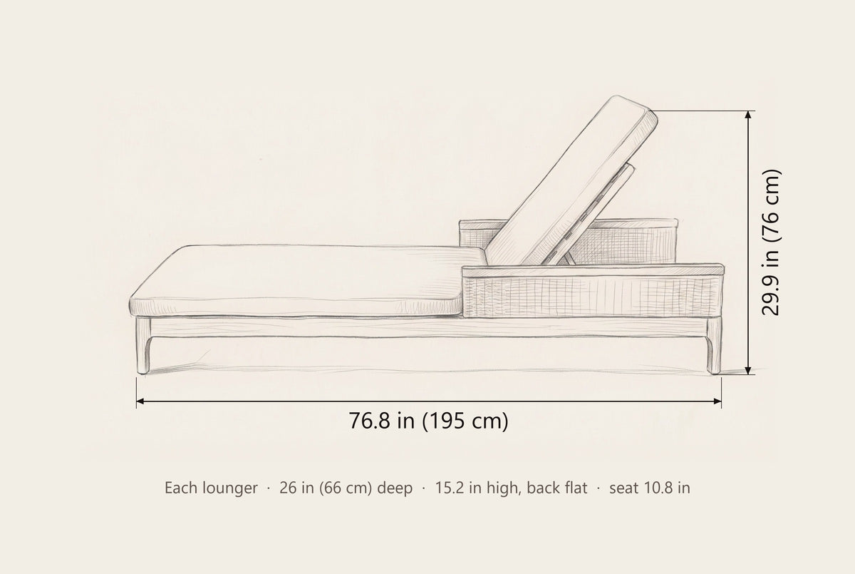 Menfi chaise lounger dimensions, each: 76.8 in long, 29.9 in high with the back raised, 26 in deep