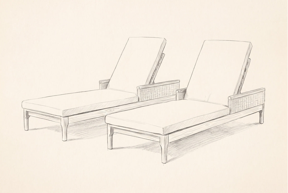Pencil sketch of the two Menfi chaise loungers, three-quarter view from the foot end