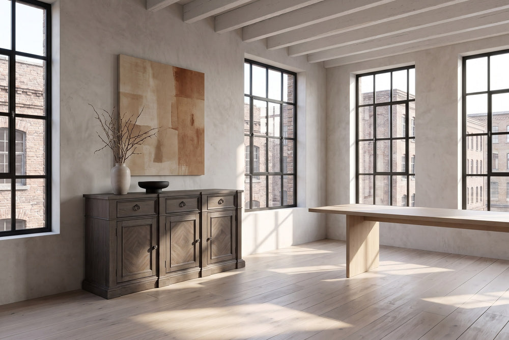 Miglierina 67-Inch 3-Drawer 3-Door Ash Veneer Breakfront Sideboard in a city loft