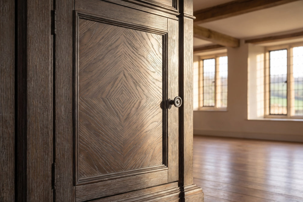Close-up of the Miglierina 67-Inch 3-Drawer 3-Door Ash Veneer Breakfront Sideboard: door