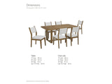 Mileto 72-Inch Light Oak Trestle Dining Set with 6 Upholstered Chairs dimensions: rectangular table 72 in long, 40 in wide and 30 in high, top 1.75 in thick, trestle base 52.75 x 25 in; each chair 19 in wide, 23 in deep and 36 in high, seat 19.5 in high
