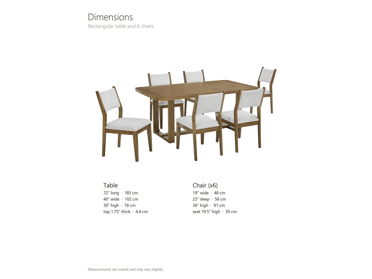 Mileto 72-Inch Light Oak Trestle Dining Set with 6 Upholstered Chairs dimensions: rectangular table 72 in long, 40 in wide and 30 in high, top 1.75 in thick, trestle base 52.75 x 25 in; each chair 19 in wide, 23 in deep and 36 in high, seat 19.5 in high