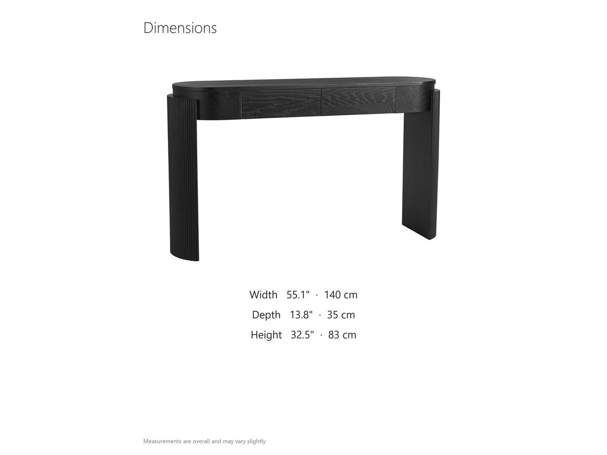 Minervino Black Oak Fluted Racetrack Console Table dimensions: 55.1 in wide, 13.8 in deep, 32.5 in high